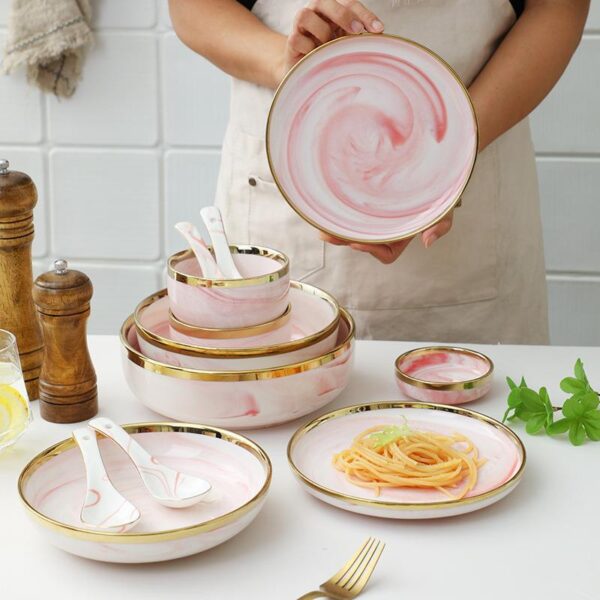 Nordic style marble pattern pink gold rim bowl and dish set, household ceramic bowl dinnerware, Western dining bowls, spoons, and plates, event souvenirs.