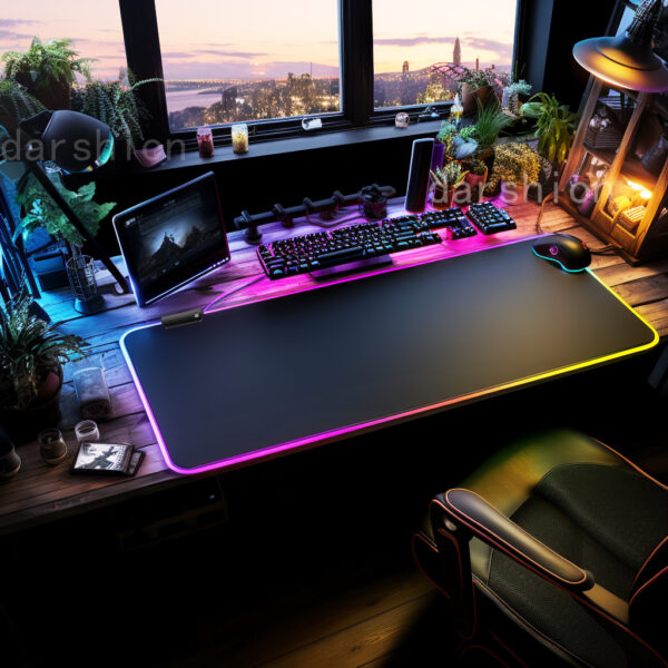 Gaming RGB glowing mouse pad, large size, thick, non-slip LED desk mat, printed design in stock.
