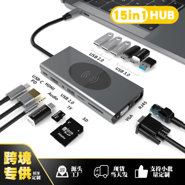 محطة توسيع Type C عالية المبيعات عبر الحدود مع محور USB و15 واط لشحن الهاتف اللاسلكي وRJ45 لتوسيع جيجابت