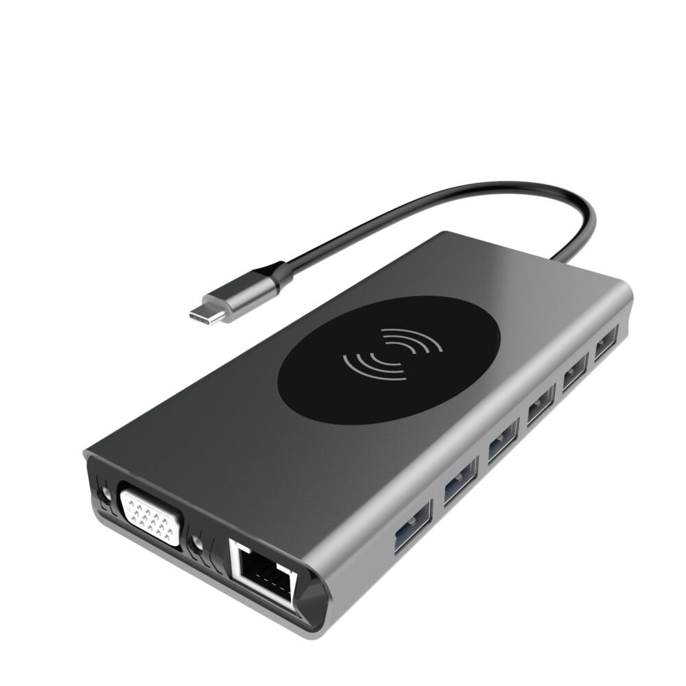 ⁦محطة توسيع Type C عالية المبيعات عبر الحدود مع محور USB و15 واط لشحن الهاتف اللاسلكي وRJ45 لتوسيع جيجابت⁩ - الصورة ⁦5⁩